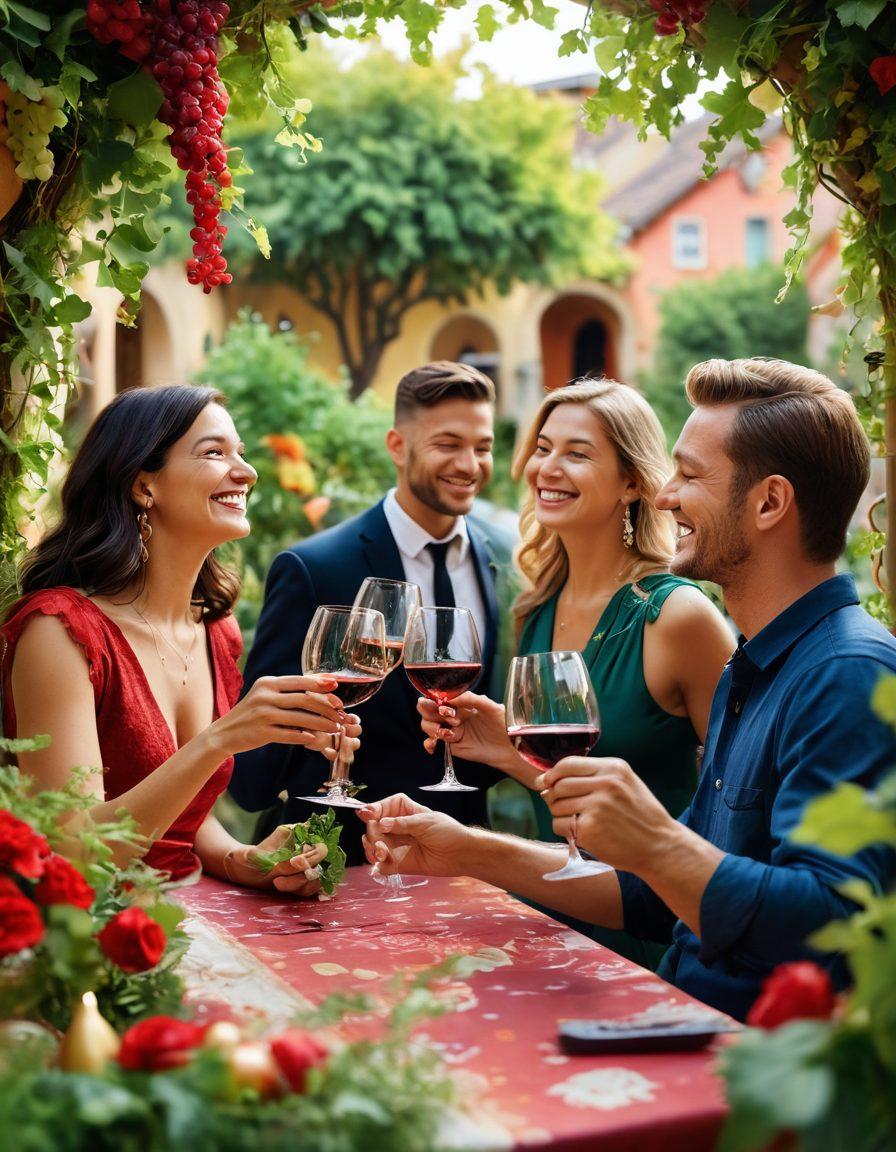 A vibrant scene of people enjoying wine at a cultural hub, surrounded by artwork and lush greenery. Include elegant wine glasses clinking together and colorful decorations in the background. Capture the joyous atmosphere with smiling faces and a sense of community. Emphasize rich reds and vibrant greens in the setting. super-realistic. vibrant colors. artistic ambiance.