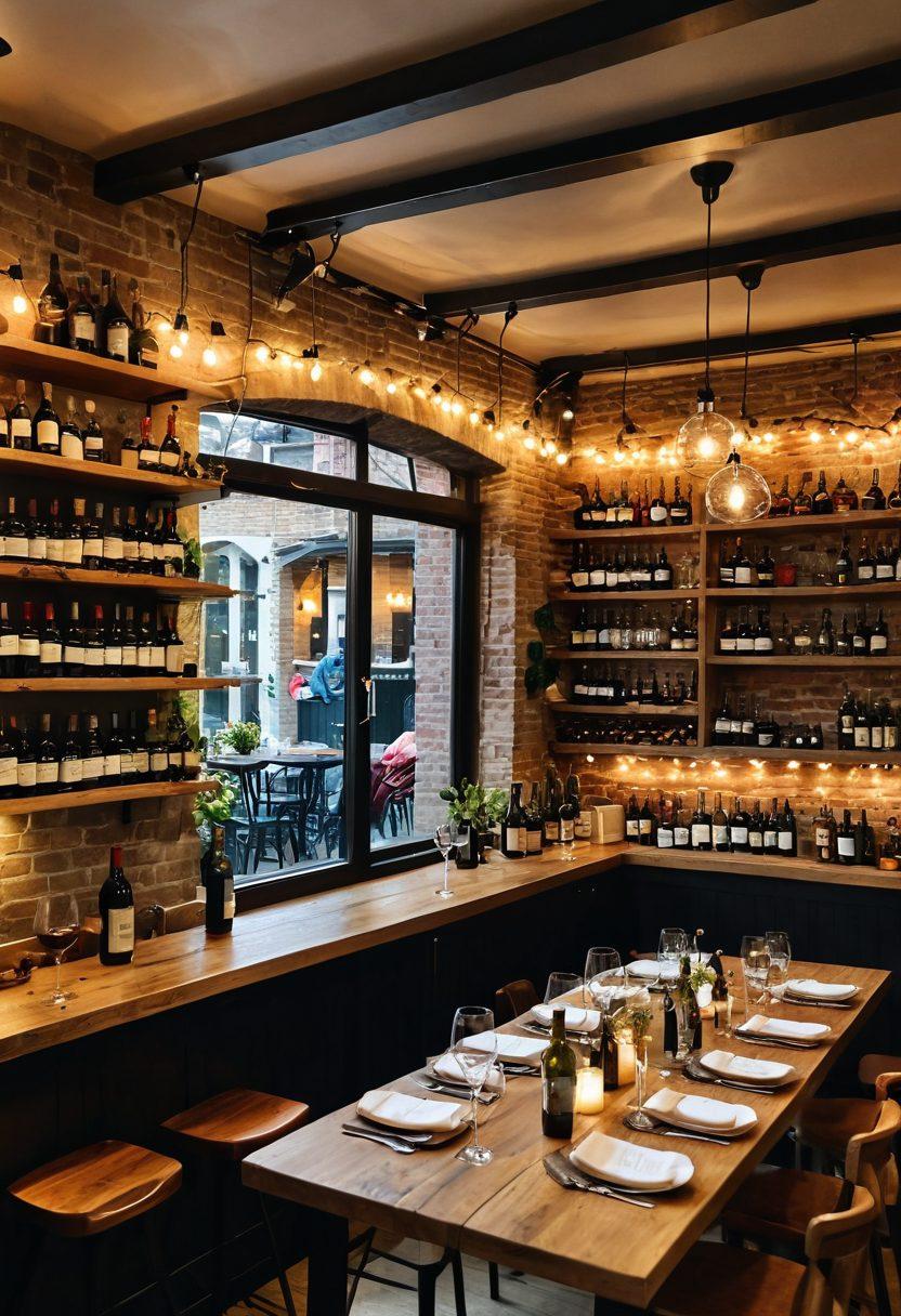 A cozy wine bar scene in Barbican, filled with people clinking glasses and laughing, surrounded by shelves of delightful wine bottles. Soft fairy lights hang overhead, creating a warm and inviting atmosphere. A wooden table adorned with a charcuterie board and wine glasses captures the essence of celebration. The backdrop showcases the charm of Barbican’s architecture through a large window. warm tones, inviting ambiance, super-realistic.