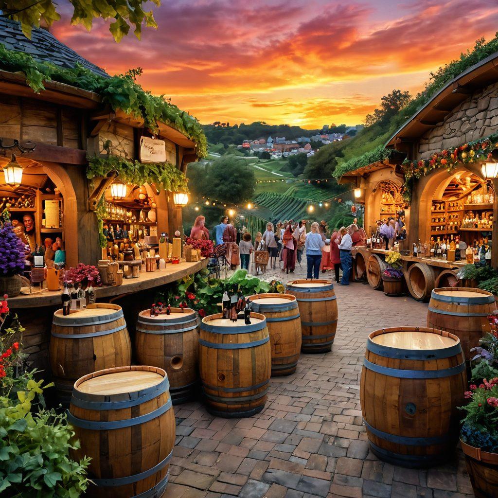 A vibrant scene depicting a whimsical festival in the wine wonderland of Barbican, featuring cheerful people celebrating with colorful wine barrels, festive decorations, and lush vineyards in the background. Include artful decorations like sculptures and murals blending with nature, while a brilliant sunset casts a warm glow over the event. super-realistic. vibrant colors. 3D.